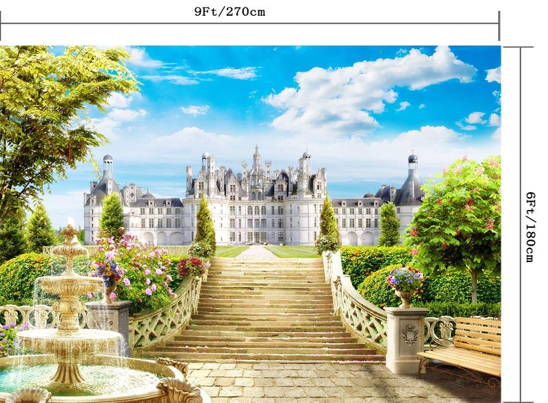 CapiSco 9X6FT Castle Stairs Backdrop Vinyl Photography Studio Background Outdoor Fountain Blue Sky White Clouds Wedding Party Decoration Polyester Seamless Photo Studio Booth Backdro SCO44B - Image 3